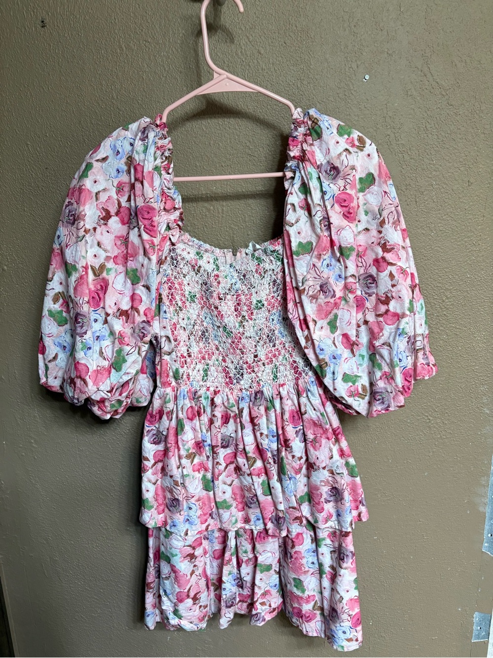vestique Pink Floral Smocked Tiered Mini Dress